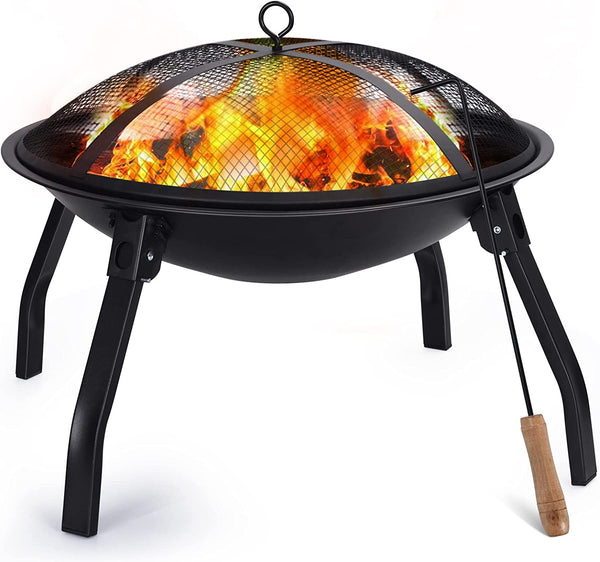 Cogesu Portable 22 inch Wood Burning Fire Pit with Carry Bag Spark Screen &amp; Poker Stick