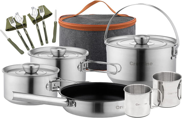 CretFine 304 Stainless Steel Camping Cookware Set with Portable Bag - 10 Pcs Stackable Pots and Pans Set with Removable Handle