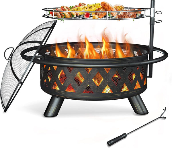 Amopatio Large Outdoor Wood Burning Fire Pit with Steel BBQ Grill Cooking Grate, Spark Screen &amp; Poker