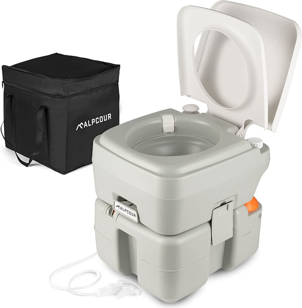 Alpcour Portable Toilet w/Travel Bag, Built-In Pour Spout &amp; Washing Sprayer - 5.3 Gallon Waste Tank