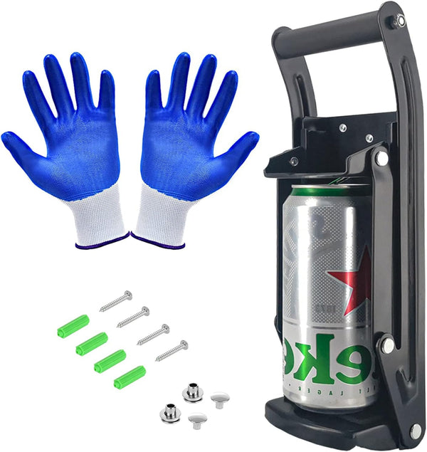 MinliGUY Wall Mounted Aluminum Can Crusher with Gloves