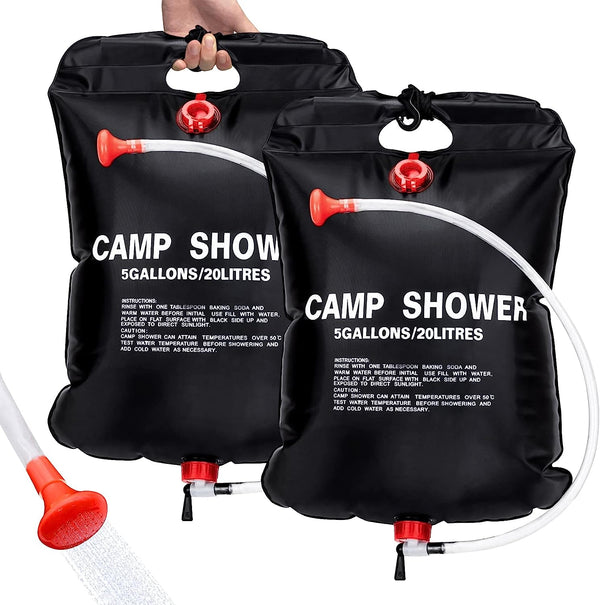 Ailker 2 Pack Portable Camping Solar Shower Bag with Removable Hose and On-Off Switchable Shower Head - 5 Gallons/20L