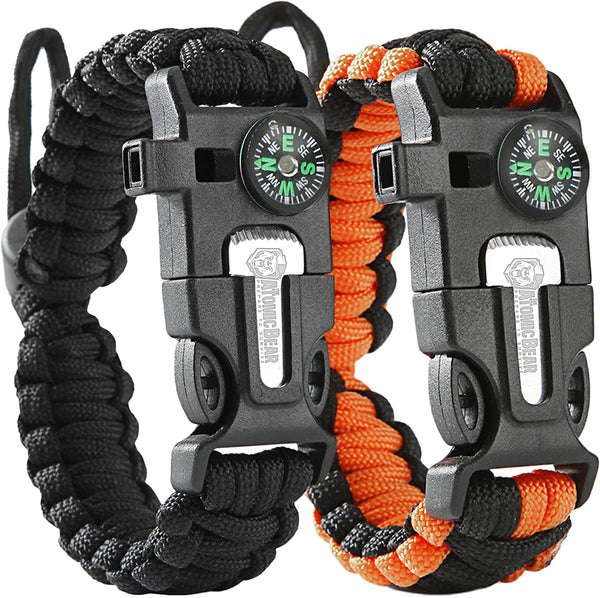 Atomic Bear Paracord Bracelet (2 Pack) - Adjustable - Fire Starter with Loud Whistle