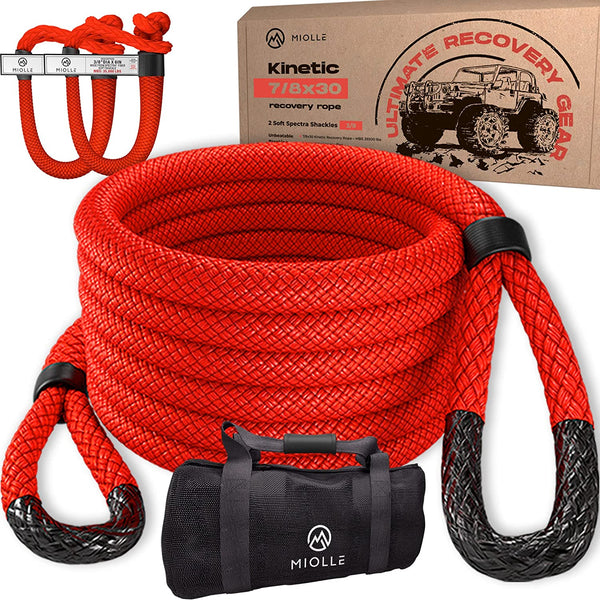 Miolle 7/8" x 30' Kinetic Recovery &amp; Tow Rope, Red (29,300 lbs), with 2 Spectra Fiber Soft Shackles 3/8' x 6" (35000 lbs)