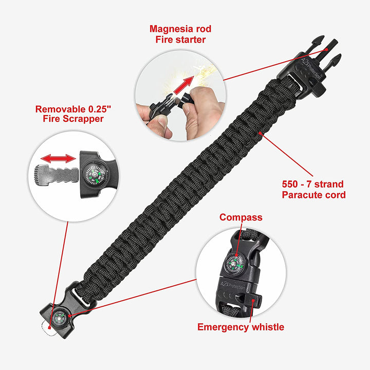 Paracord K2 Peak - Survival Bracelet Multitool - Fire Starter, Fire Scraper, Compass & Whistle