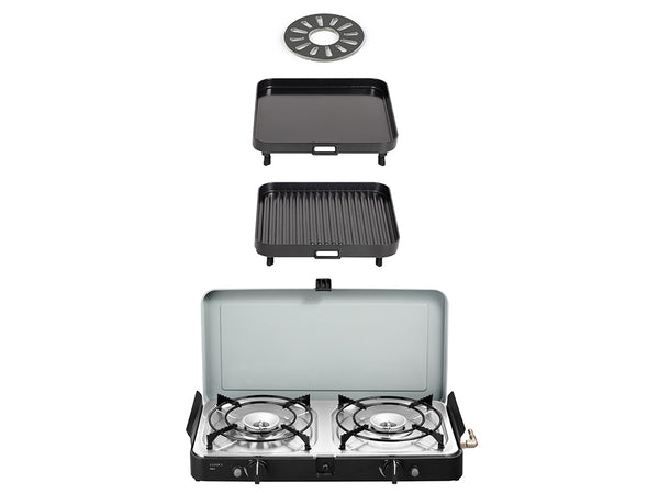 2 Cook 3 Pro Deluxe / Portable 3 Piece Gas Barbeque / Camp Cooker