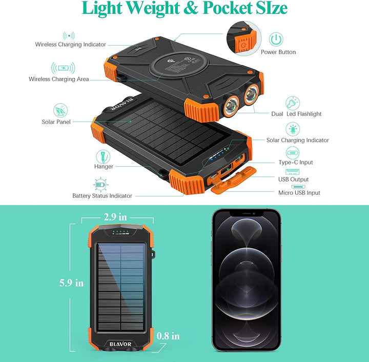 BLAVOR Rugged Outdoors Solar Charging Power Bank - 10,000mAH Type C Port - Compass & Flashlight Functionality