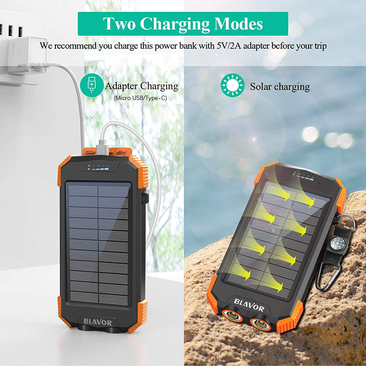 BLAVOR Rugged Outdoors Solar Charging Power Bank - 10,000mAH Type C Port - Compass & Flashlight Functionality